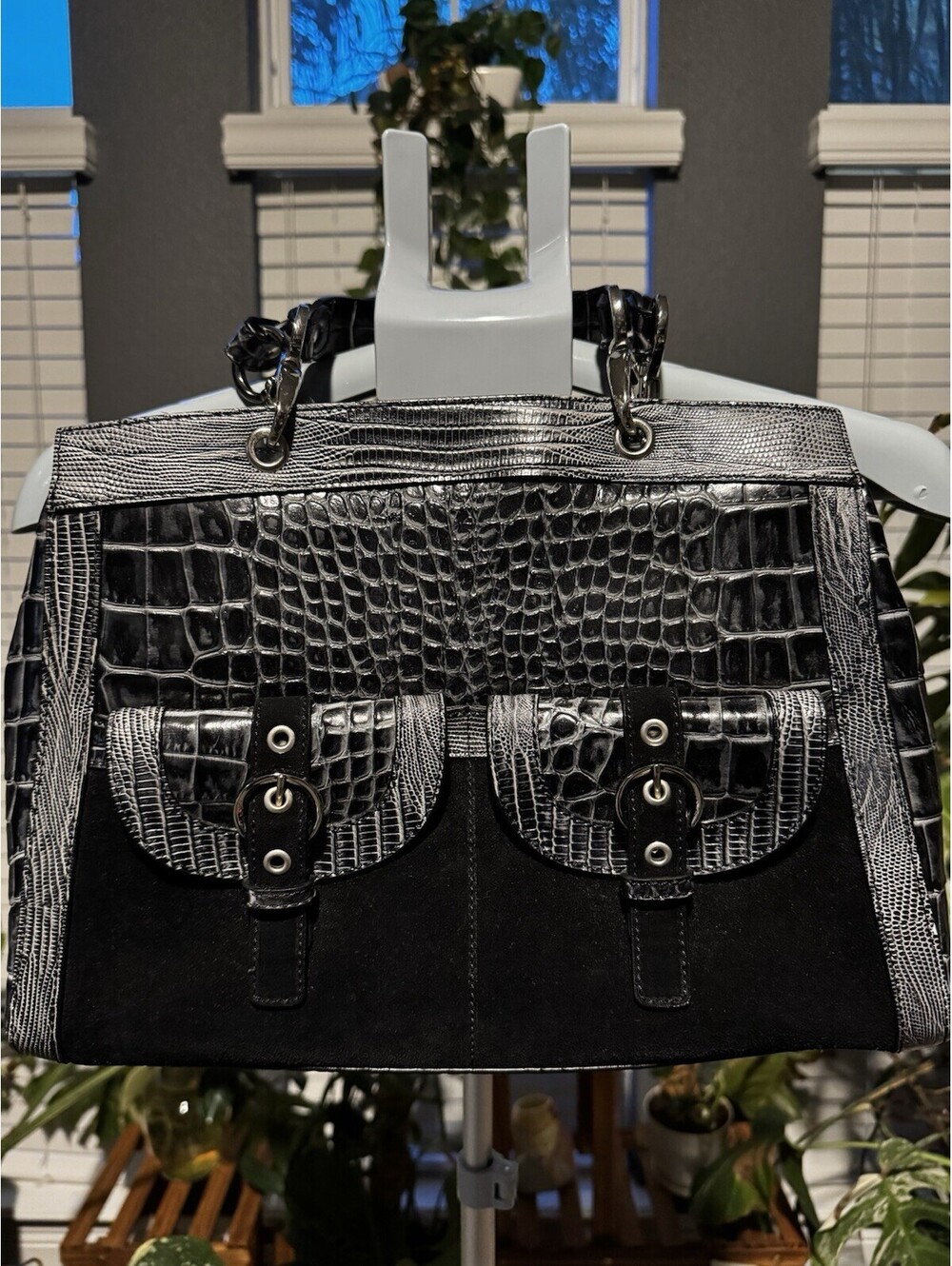 Charlie Lapson Black Leather Croc Print Hangbag